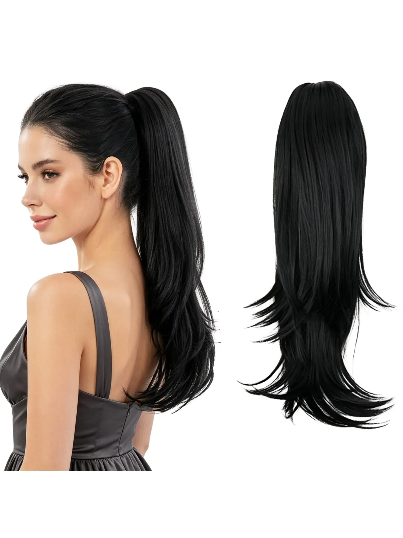 Clip in Ponytail Extension 18 Inch, Long Straight Curly Tail, Synthetic Fake Hair Piece, Versatile Ponytail for Women