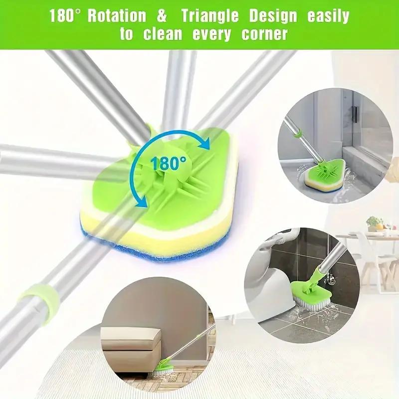 Shower Cleaning Scrub Brush with Long Handle, 1 Set Cleaning Scrubber with 3 Sponge Brush Heads and 1 Stiff Bristle, Cleaning Supplies, Home Care Supplies, Bathroom Cleaning Tool
