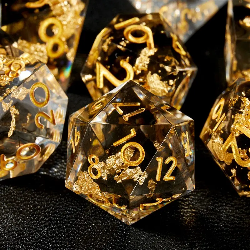 7 Piece Gradient Gold Foil Resin Dice Set, Laser Flash & Numbers, Smooth Edge, D&d Coc Mtg Tabletop Games