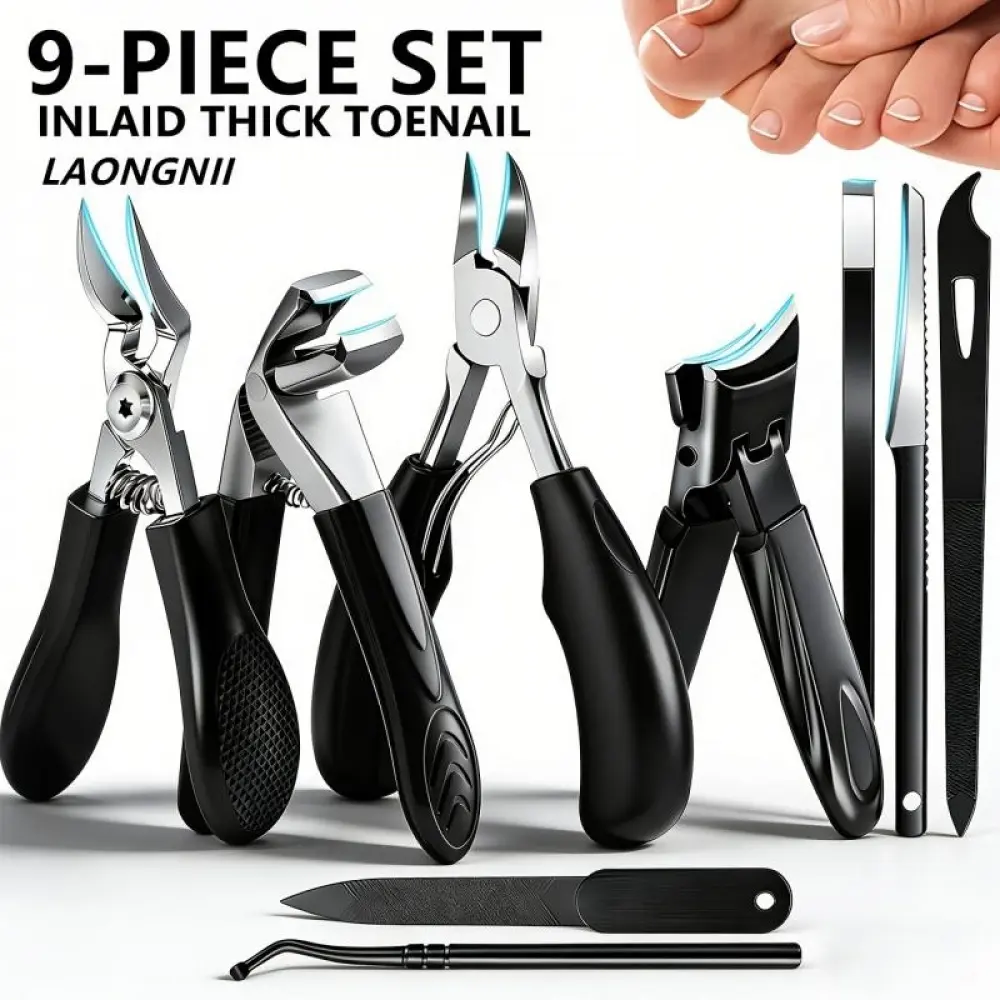 9PCS Toenail Clipper Set for Thick & Ingrown Toenails, Heavy Duty Nail Clippers Kit with Wide Jaw Clipper, Angled Blade, Cuticle Trimmer & Nail File, Professional Stainless Steel Pedicure Tools for Men, Women & Seniors