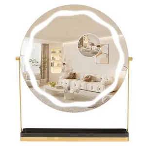 LED Vanity Makeup Mirror with Lights - 19" Large Dimmable 3-Color, 360° Rotatable, Smart Touch, Removable Storage, Enlarging, Gold
