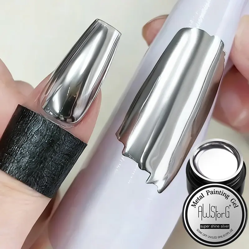 AWStorG 5ML Super Shine Silver Mirror Metal Nail Painting Gel UV LED Super Gloss Chrome Effect Drawing Gel Nail Design Gel Nail Polish