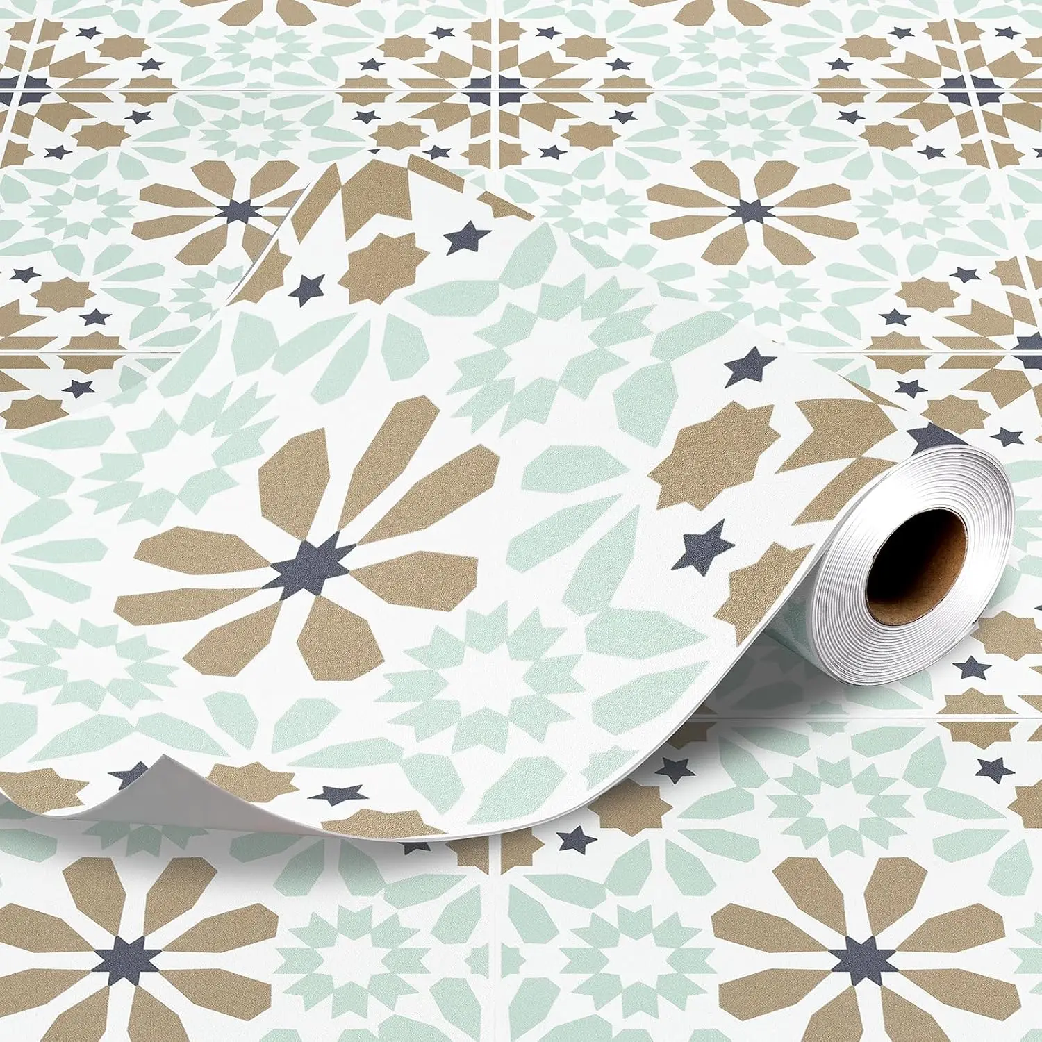 Peel and Stick Floor Tile Roll Moroccan Boho Mosaic  Vinyl Flooring Stickers Mint Green Beige  Tile  for Kitchen Bathroom Laundry Room Small Space Decor 12in X 4ft
