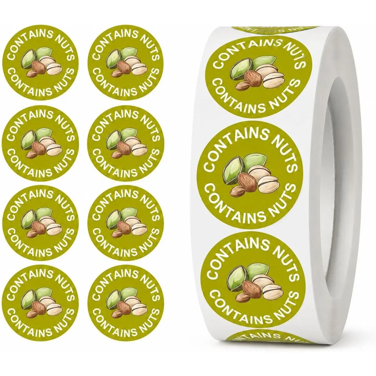 Contains Nuts Stickers, 500 Pack, 1 Inch Allergen Labels | Green 1-inch “Contains Nuts” labels for bakery boxes,  containers, catering trays, retail packs and restaurant orders.