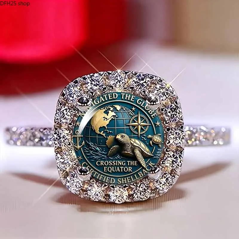 Sea Turtle Globe Ring, Crystal Halo Nautical Statement Jewelry with Compass and Ocean Artwork, Vintage Inspired Unisex Ring for Daily Wear and Gifts