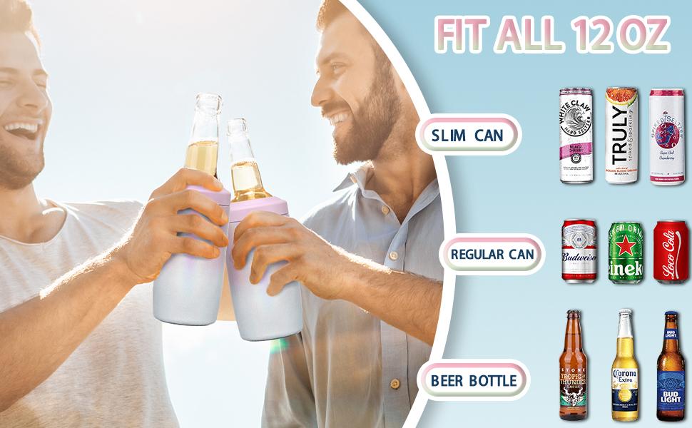 AGS MAXSO Slim Can Cooler, 4-in-1 Double Walled Stainless Steel Insulated Beer Can Holder, Works With All 12 Oz Cans,Bottles & As A Pint Cups - Gradual Pink White