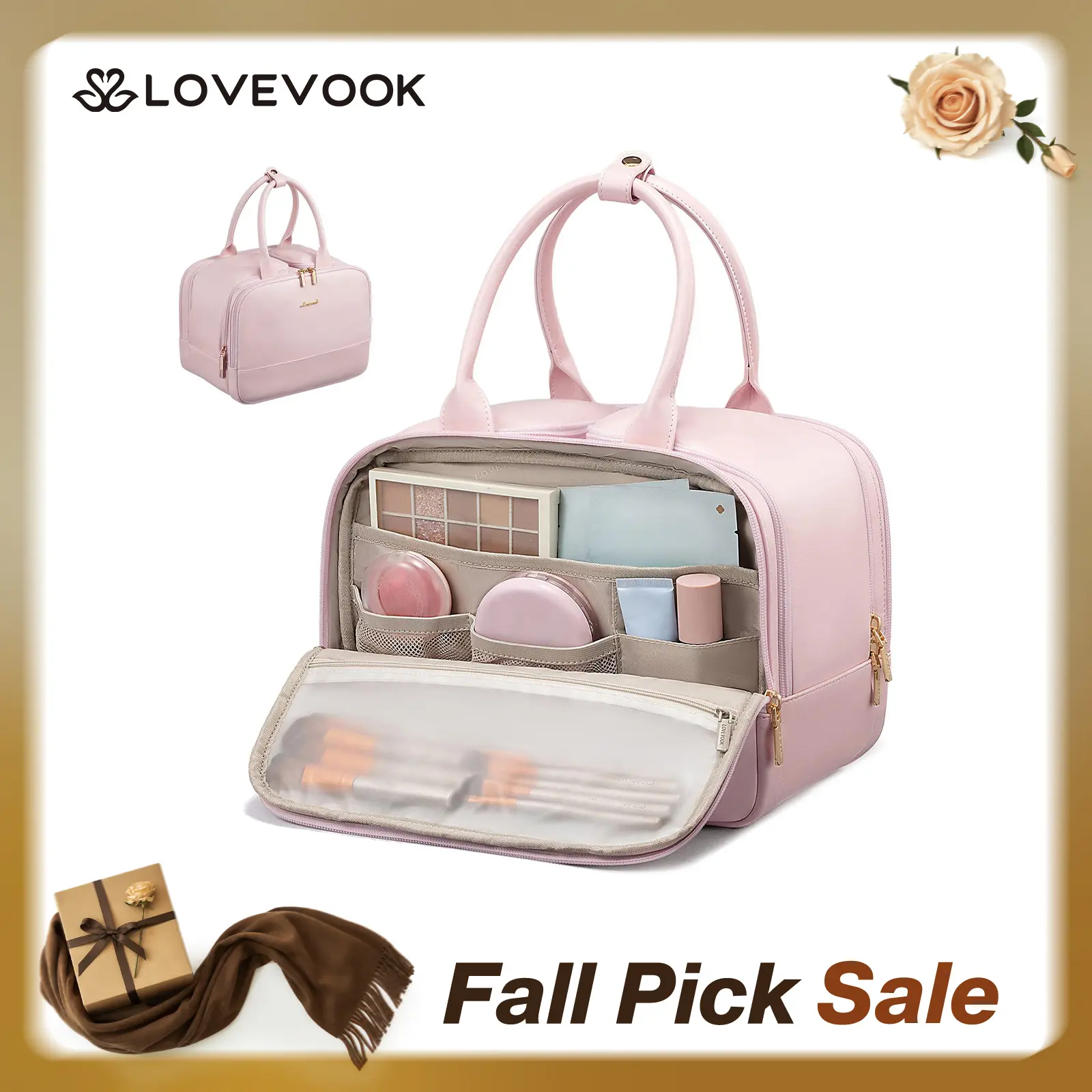 LOVEVOOK Travel Toiletry Bag for women, Leather Large Wide-open Makeup Bag, Waterproof Cosmetic Bag Organizer for Shower, Traveling, Toiletries, Bathroom
