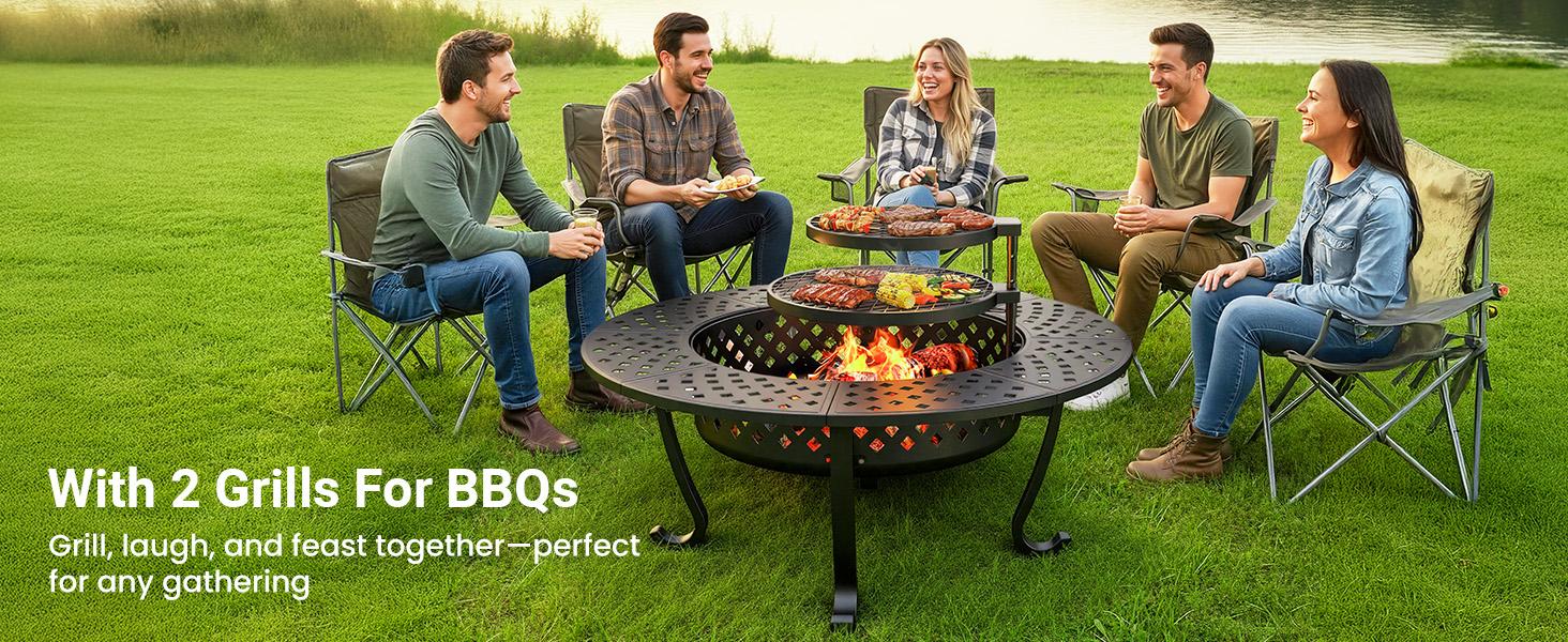 Royalcraft 43'' Fire Pit with 2 Grills, Outdoor Wood Burning Fireplace with Lid and Fire Poker, BBQ & Bonfire & Round Metal Table 3 in 1 for Patio, Backyard, Garden, Black Royalcraft 43'' Fire Pit with 2 Grills, Outdoor Wood Burning Fireplace with Lid and Fire Poker, BBQ & Bonfire & Round Metal Table 3 in 1 for Patio, Backyard, Garden, Black