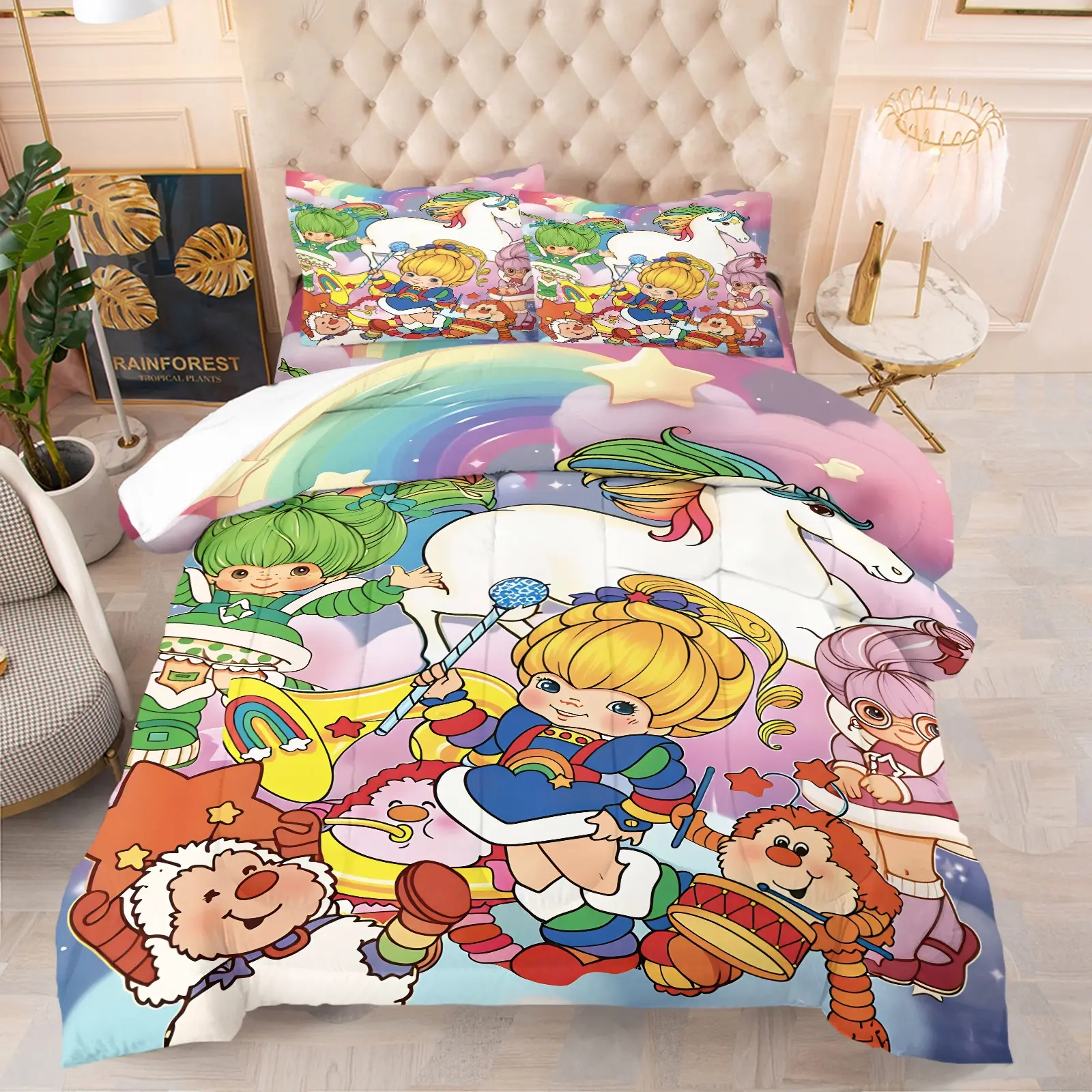 Cottagecore Y2K Retro Rainbow Cartoon Girl Unicorn Quilted Comforter Set, Include 1 Quilt Core and 1/2 Pillowcases, Kawaii Colorful Star Cloud Sprite Character Print Duvet, Soft Lightweight Bedding