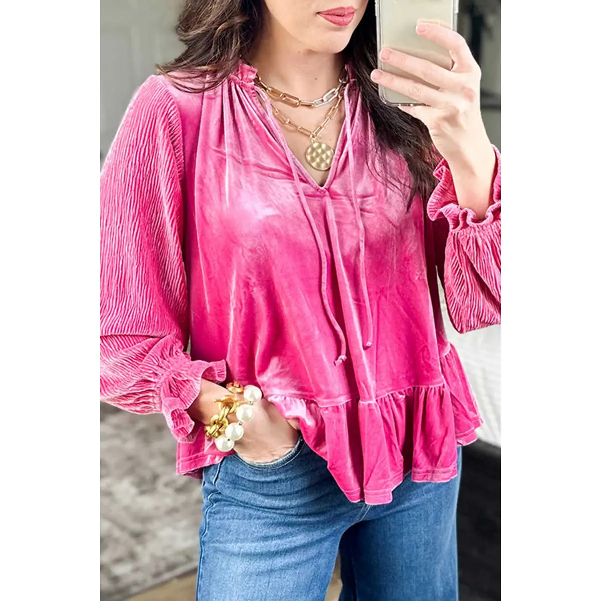Strawberry Pink V Neck Velvet Ruffled Cuffs Hem Long Sleeve Top