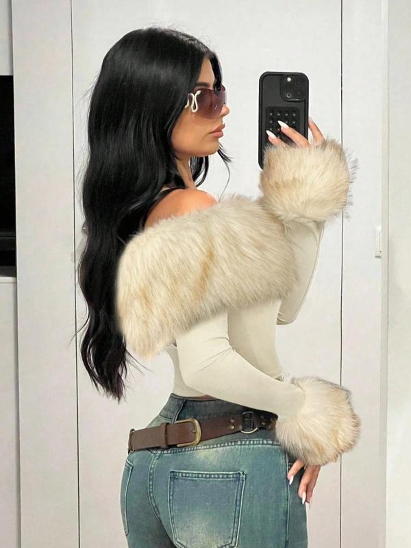 Fluffy Collar Spliced Shoulder Long Sleeve T-Shirt, Fashionable and Elegant, Perfect for Autumn Winter Seasons, Women's Casual Top