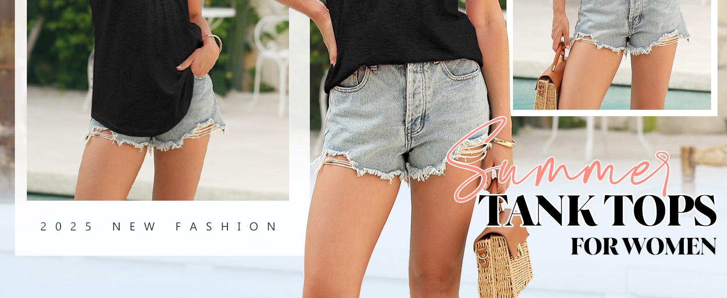 WIHOLL Tank Top for Women Loose Fit Sleeveless Shirts V Neck Summer Clothes Ruched Women's Tees and Tanks Curved Hem SpringStatements