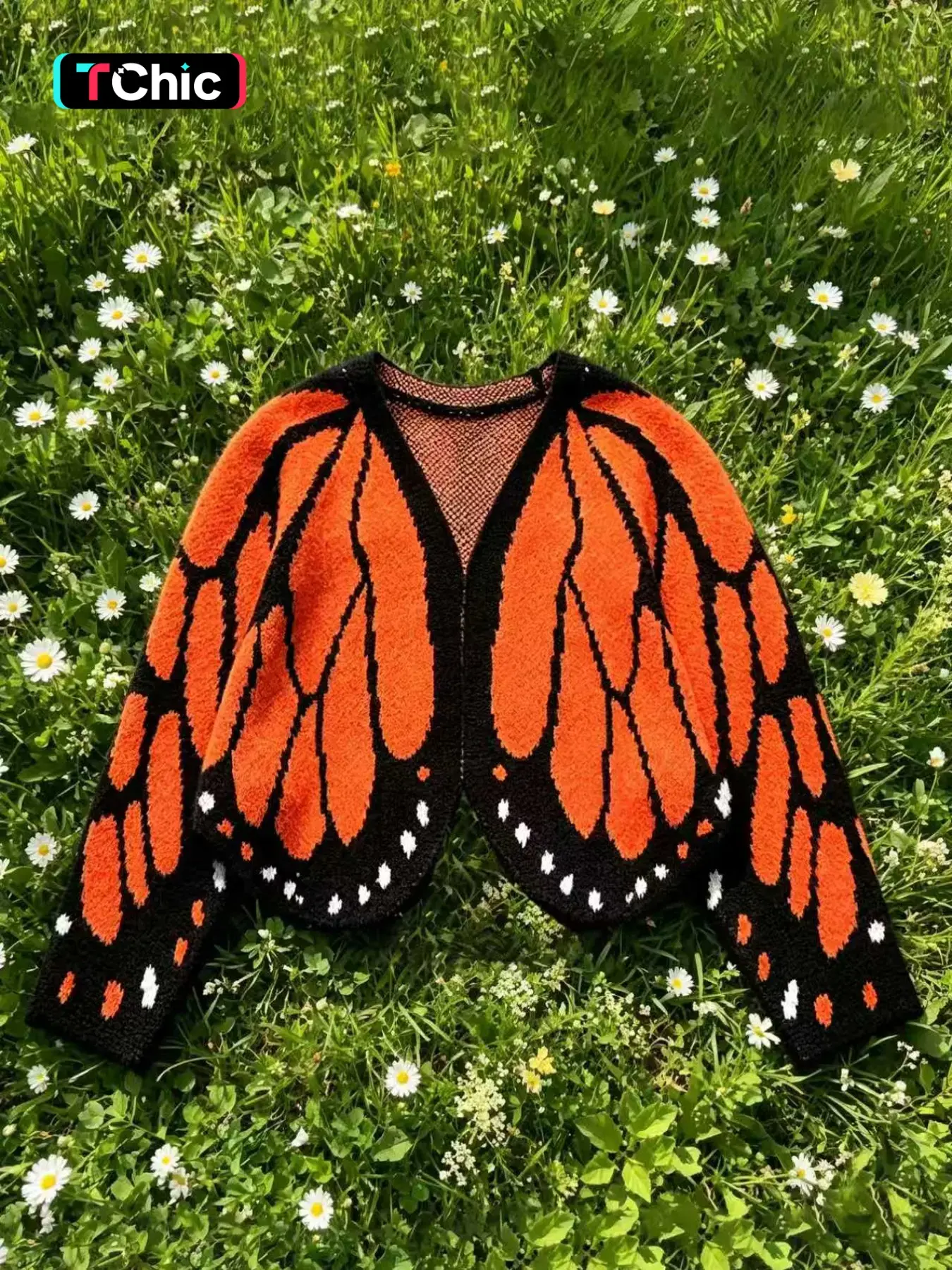 Women's Open Front Contrast Monarch Butterfly Full Wing Design Fall/Winter Casual Fashion Loose Long Sleeve Knit Cardigan – Niche Artistic Sweater Coat