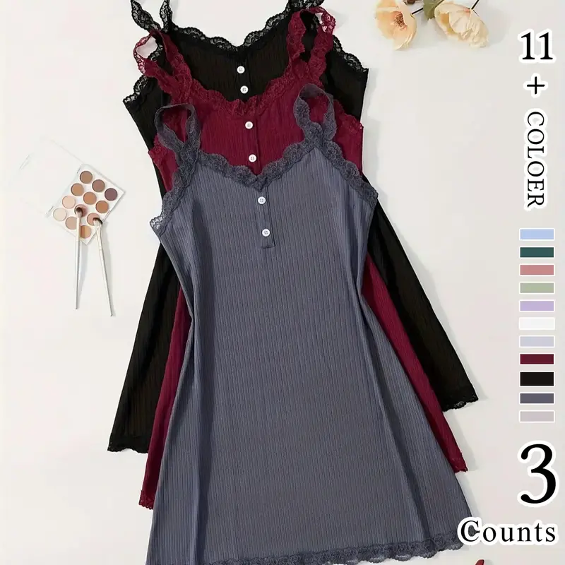 【Black Friday】3-Piece Elegant Chic Lace Women's Sleep Dress Set, Summer Casual Plain Sleeveless Pajama Set, Fitted Contrast Lace Button Nightgown Nightwear, Loungewear Sleepwear