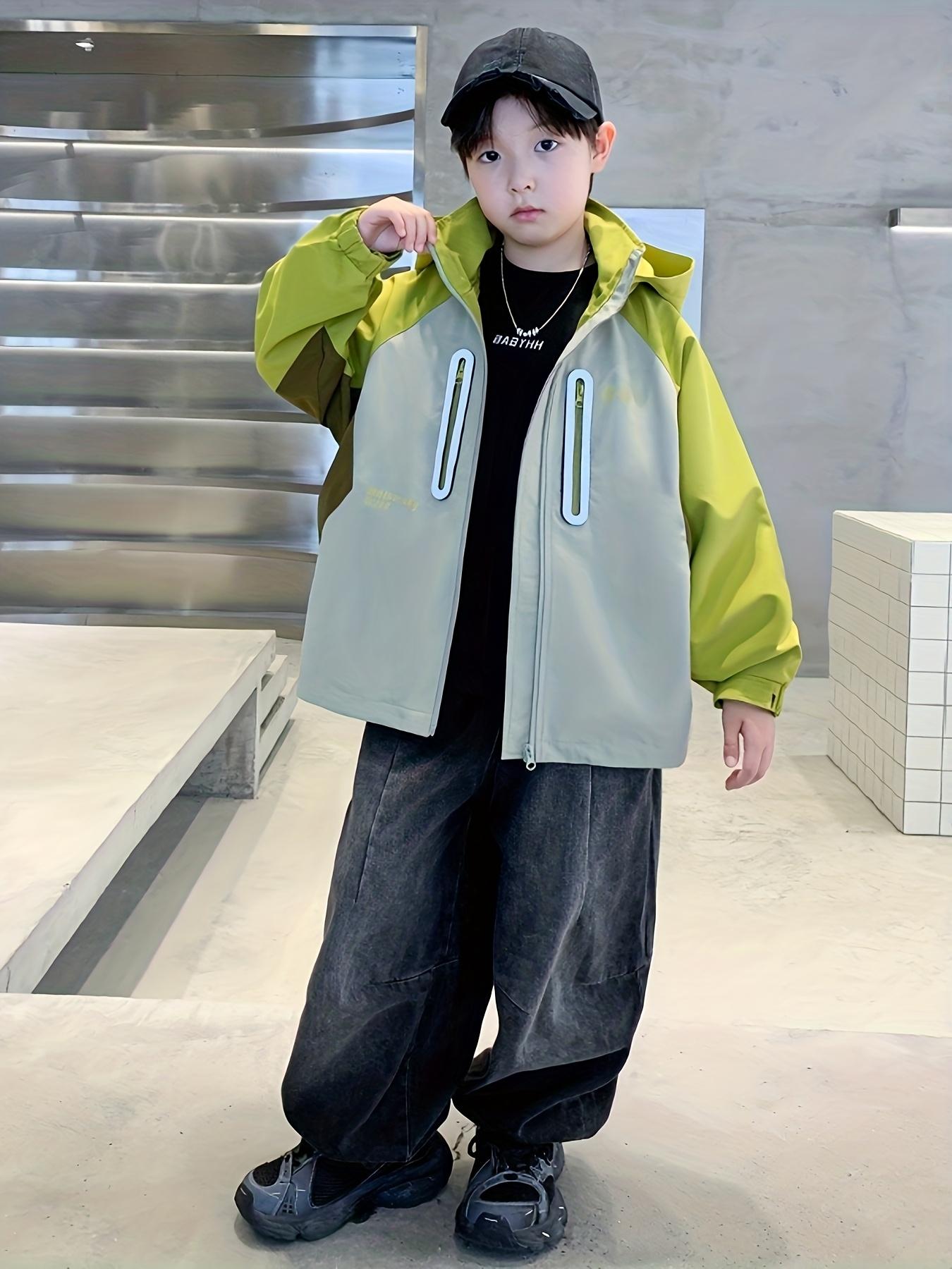 & ' Hooded Jacket with Half-Zip & Full-Zip Front - Lime Green/Yellow/Brown Color Block Windbreaker, Full-Zip Hood & Full-Zip Back, Durable for Kids Outdoor, Casual Wear (Spring/Fall) - Easy-Care Zipper