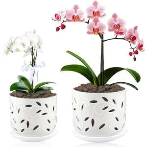 5 inch&6 inch Orchid Pots with Holes & Removable Trays, White Ceramic Pots for Plants, Effective Drainage and Ventilation for Orchid Root Health to Assist New Plants or Repotting