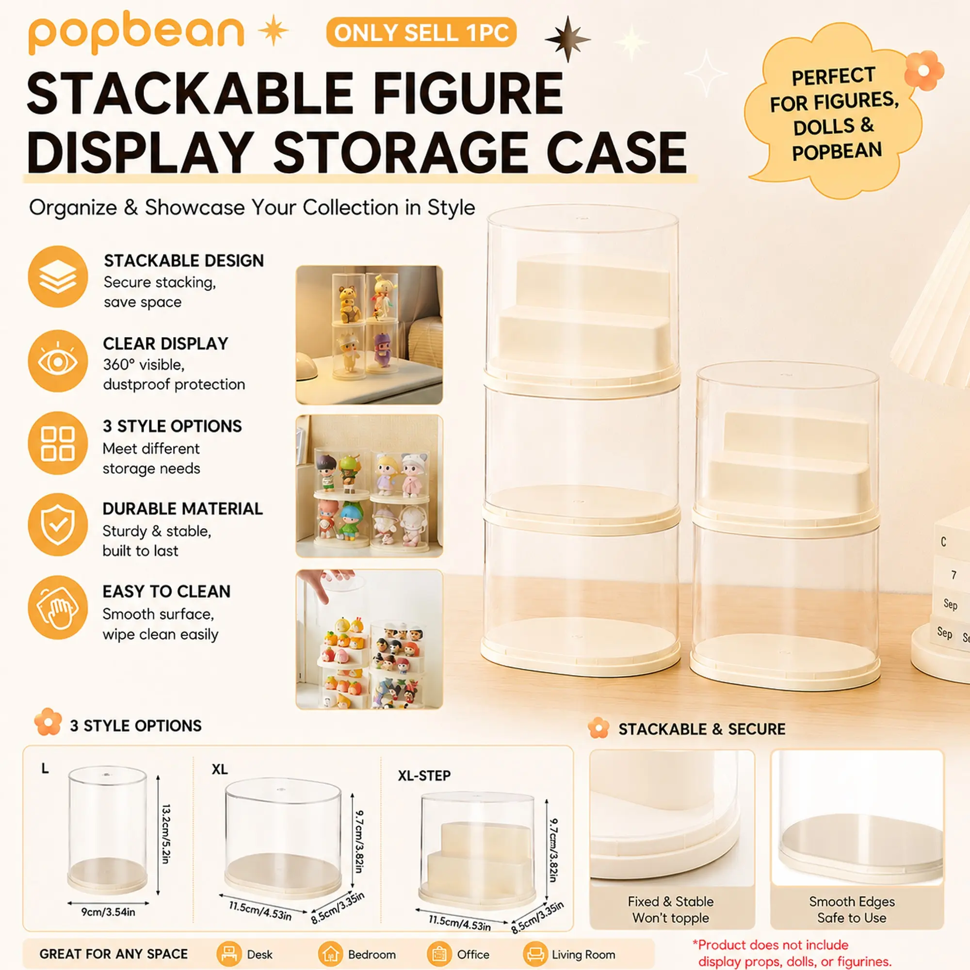 Stackable Figure Display Case with Base, Clear Cylinder Showcase Storage Organizer Box with Detachable Step Riser for Pop Bean, Blind Boxes, Watches, Jewelry, Souvenirs, Small Collectibles
