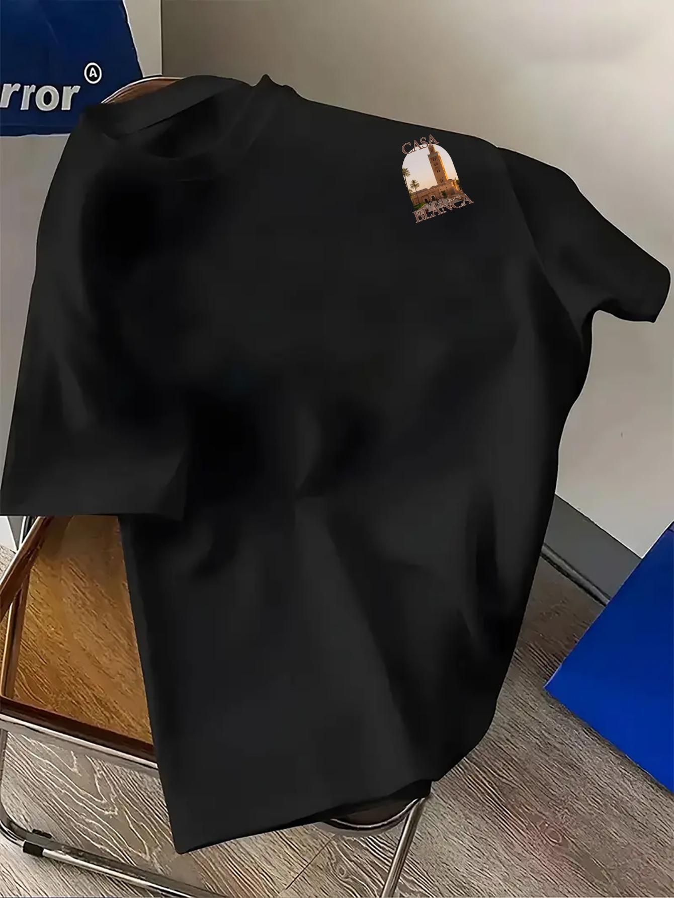 Men's Fashion Casablanca Print T-Shirt - Simple Casual Round Neck Short Sleeve Tee, Machine Washable Summer Clothing, Suitable for Summer and Year-Round Wear, Ideal for Daily Casual, Home, and Outdoor Use