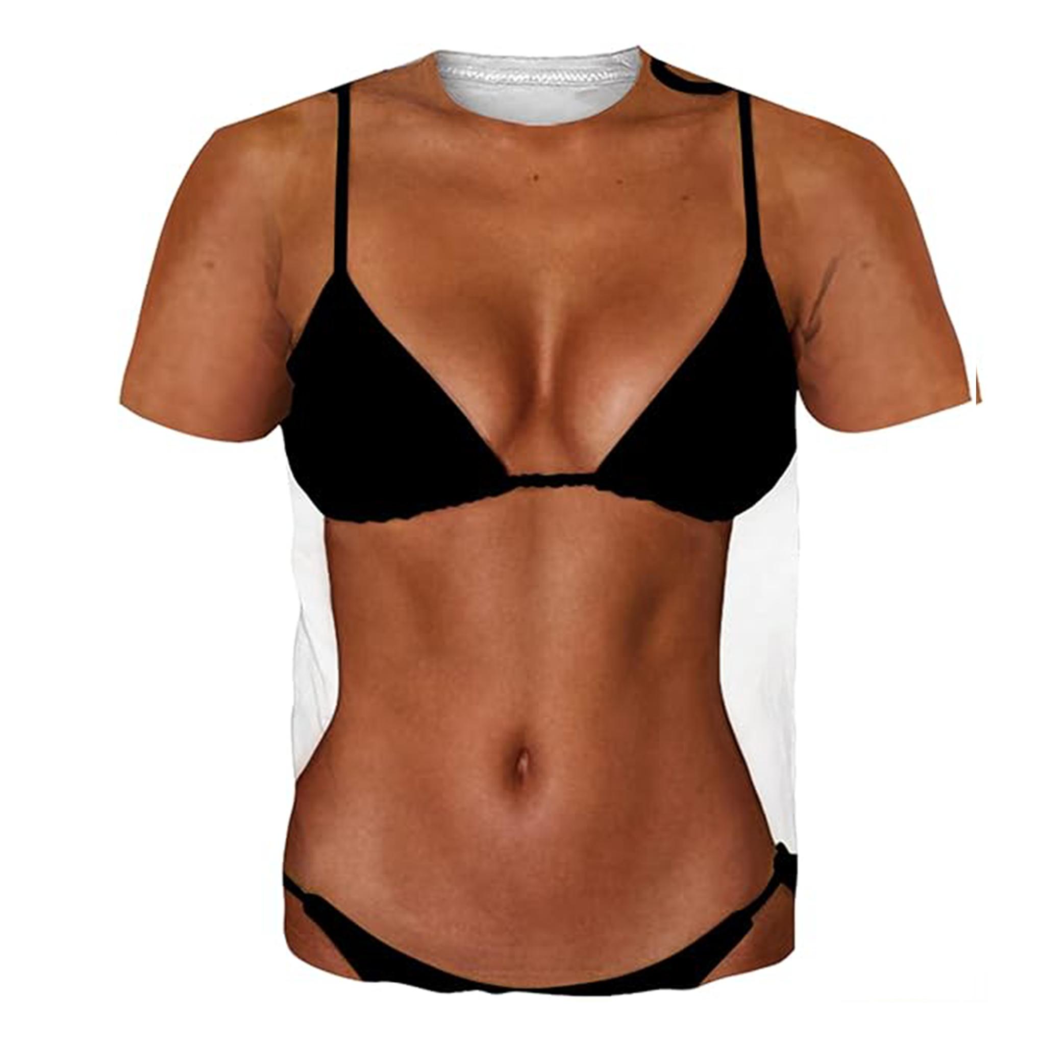 Unisex 3D Fake Abs Shredded Chest Printed Crew Neck Costume Tee, Ultra-Soft Stretchy Short Sleeve Sports Top, Multi-Size
