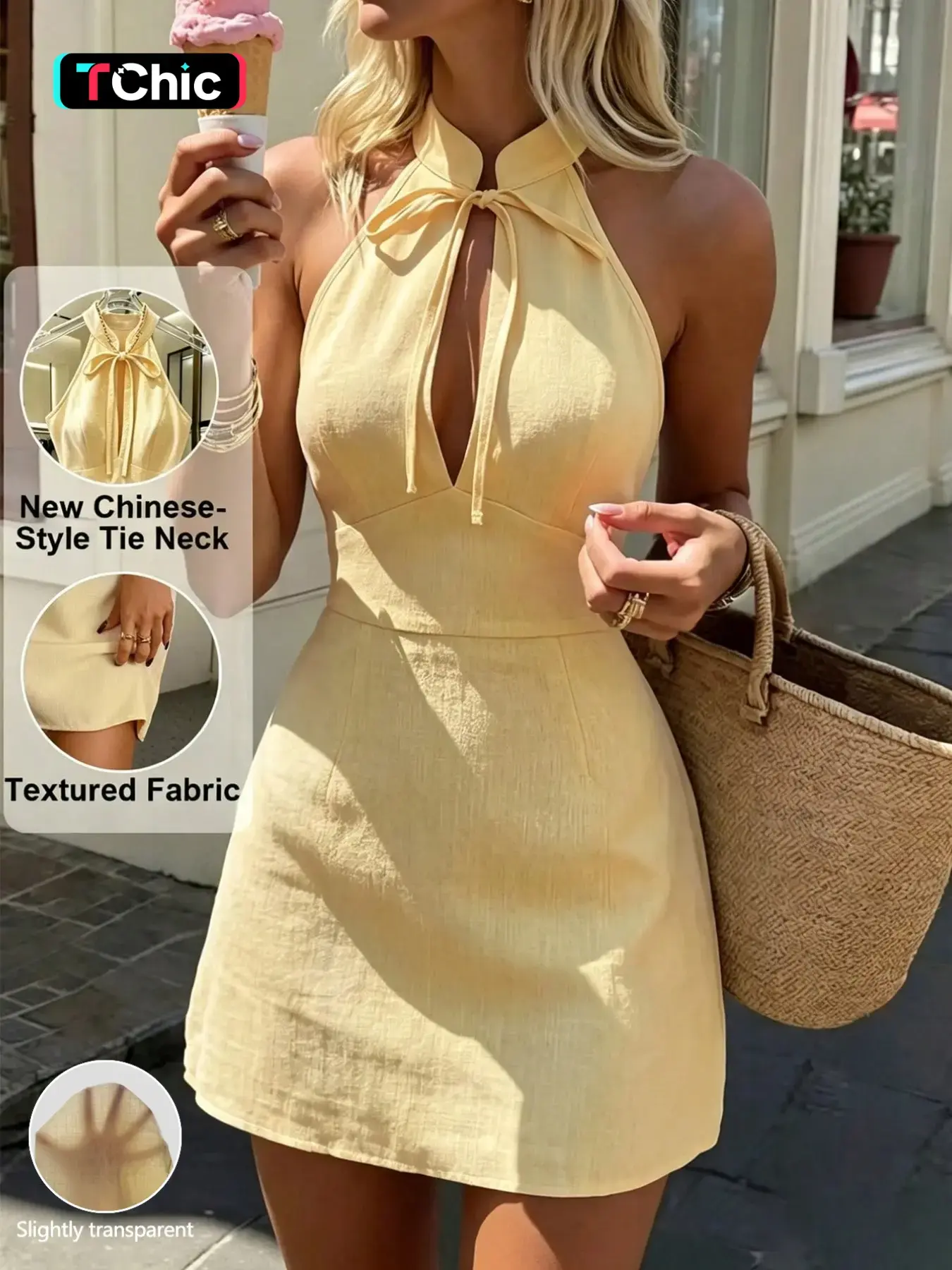 Women's Solid Color Elegant Sexy Sleeveless Mini Dress, Slim Waist, Stand Collar with Drawstring Design, Suitable for Everyday Wear, Dates, Outings and Cocktail Parties