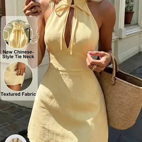 Women's Solid Color Elegant Sexy Sleeveless Mini Dress, Slim Waist, Stand Collar with Drawstring Design, Suitable for Everyday Wear, Dates, Outings, Cocktail Parties and Evening