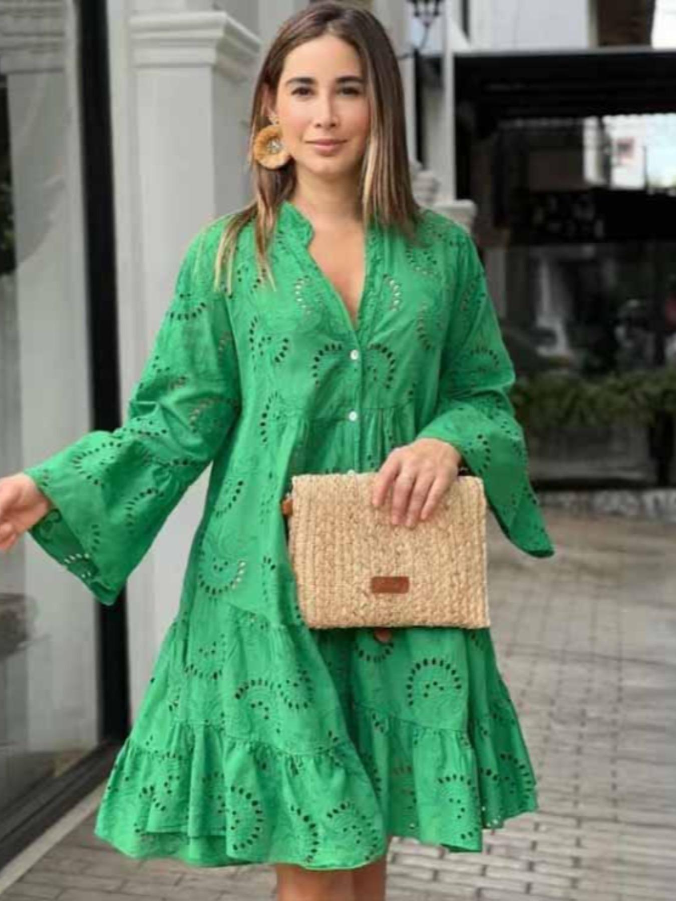 Plain Eyelet Embroidery Notched Neck Long Sleeve Smock Dress, Elegant Flounce Sleeve Button Dress for Vacation Holiday, Women's Clothes for All Seasons