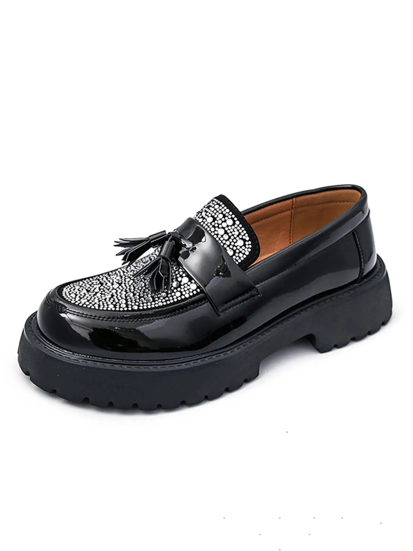 Luxury Rhinestone Fringe Men's Thick Sole Loafers, Glossy Leather Slip-On Shoes, Comfortable Breathable Retro British Style