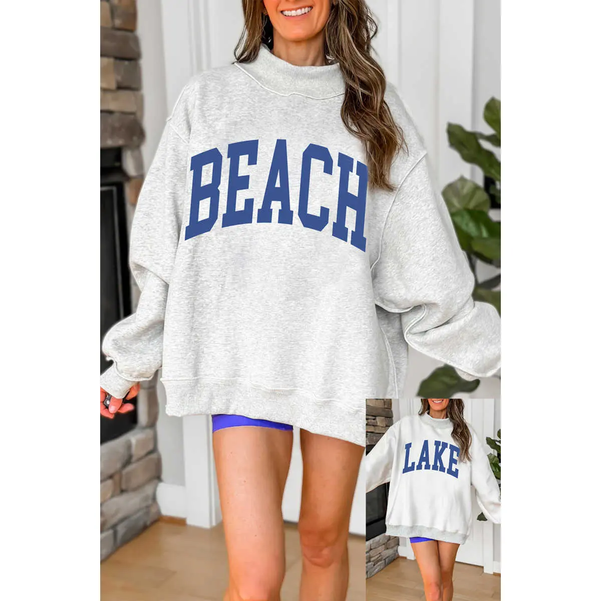 Light Grey Mock Neck Graphic Print Reversible Sweatshirt
