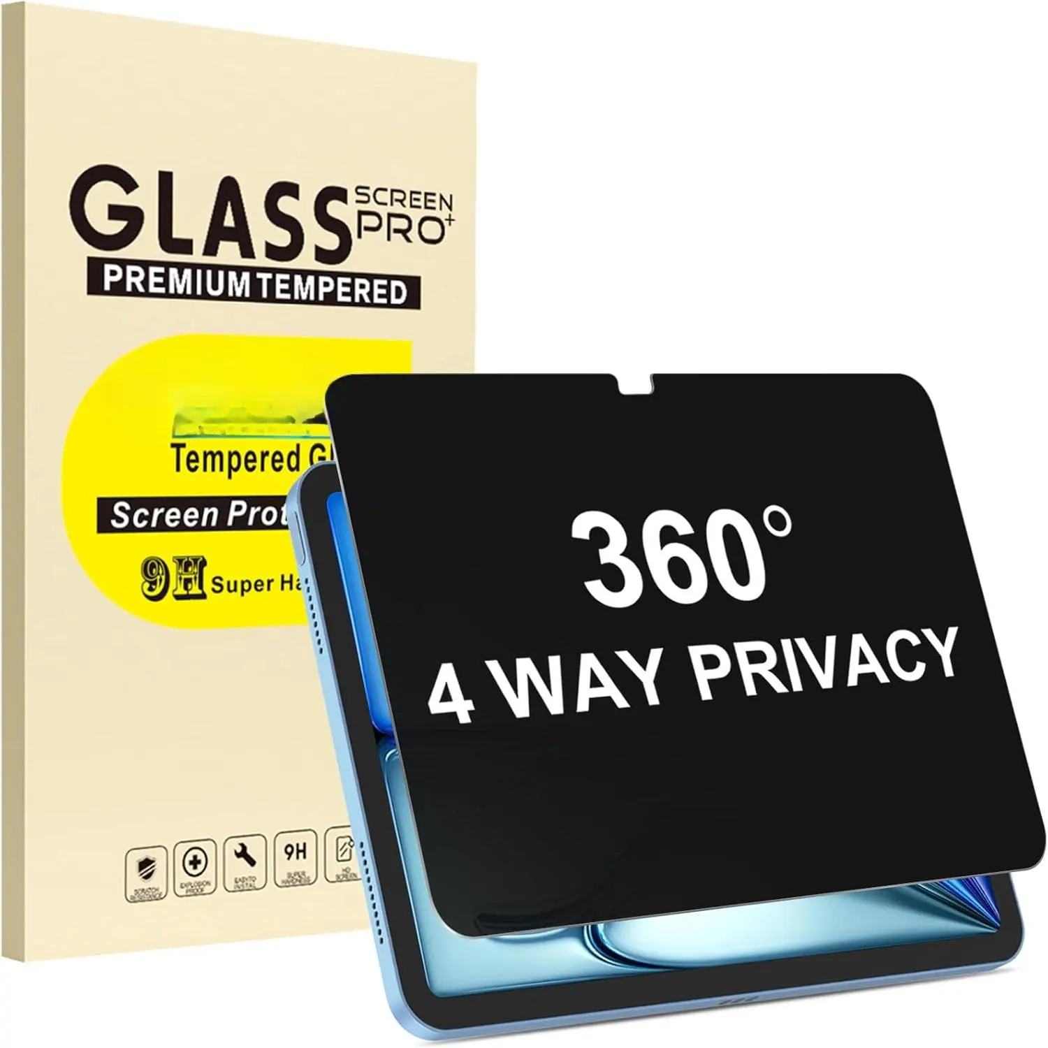 360° 4 Way Privacy Screen Protector for iPad Air 11 Inch M4 M3 M2| (8th/ 7th/ 6th Generation, 2026/2025/2024), 360 Degree Anti-Spy Tempered Glass Film, Apple Pencil Support, Case Friendly