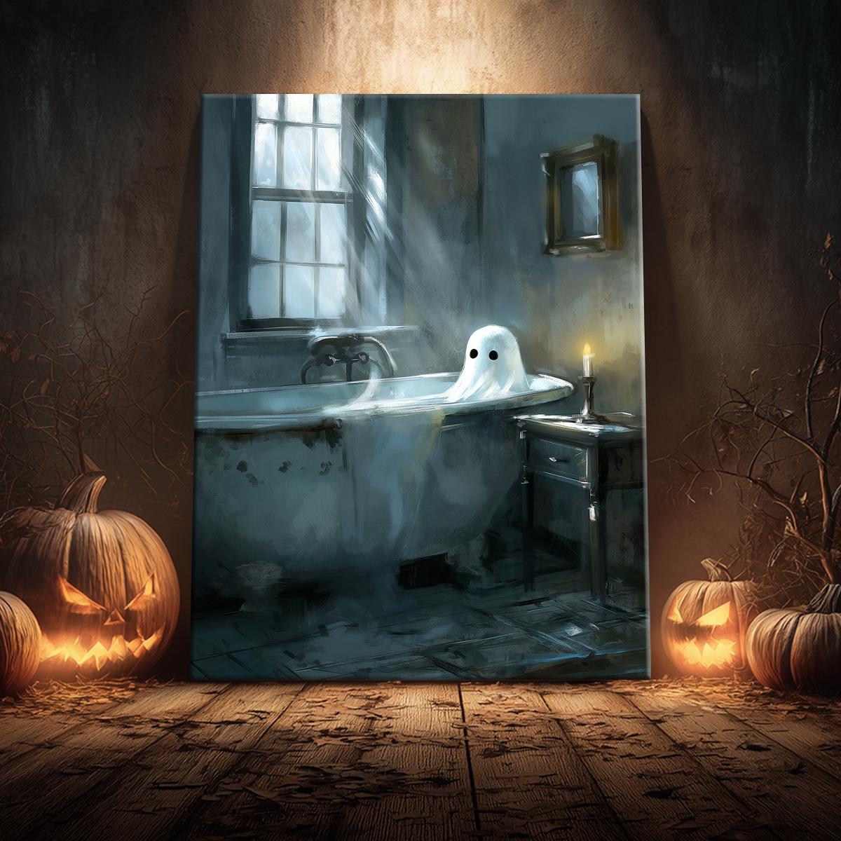 Ghost in The Bathtub Pattern Canvas Painting Framed, 1 Count Halloween Themed Modern Wall Art Painting, Wall Art Decor for Home Living Room Bedroom Office