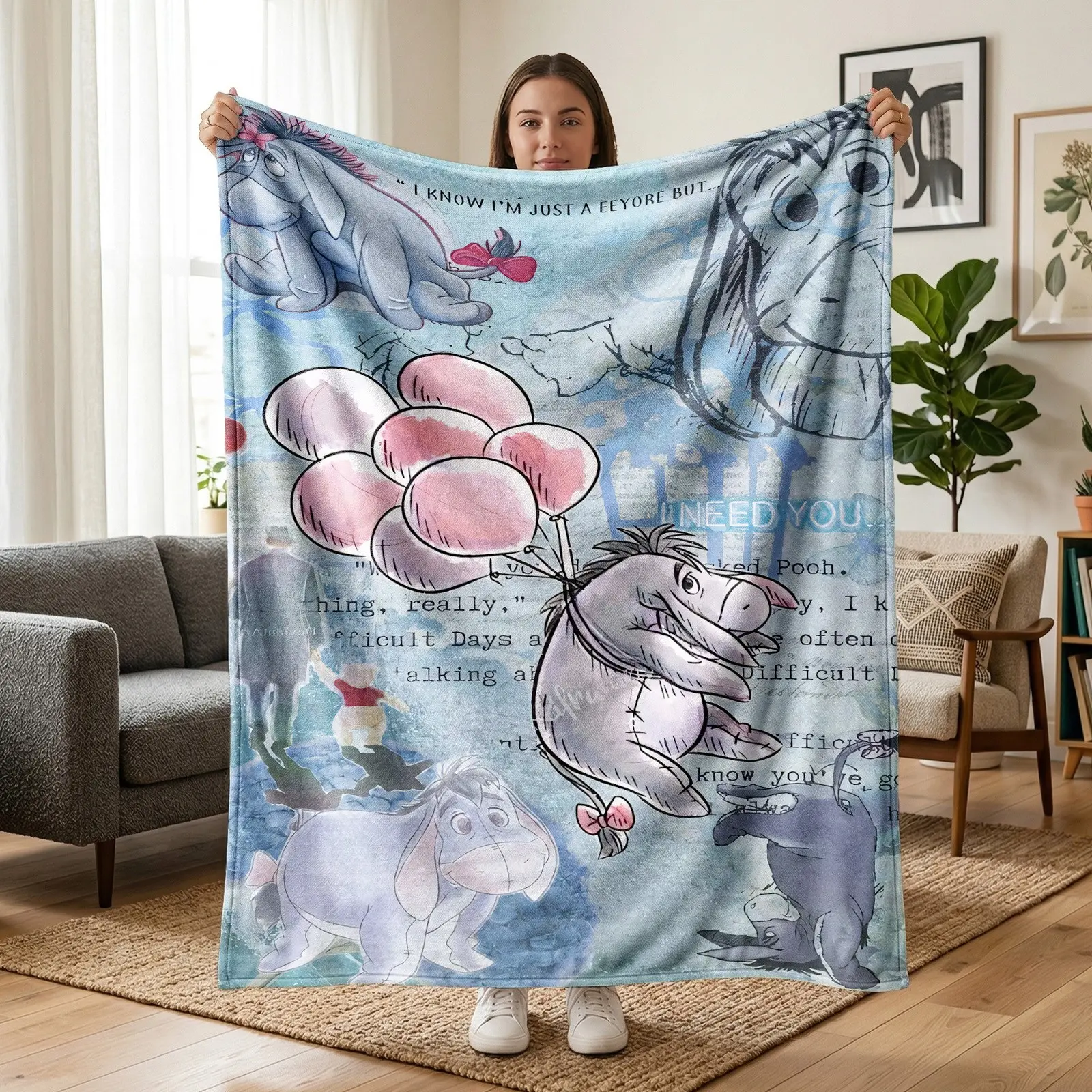 Winnie the Pooh Eeyore Flannel Blanket, Soft Warm Cozy Nap Blanket, Multi-Use for Sofa Bed Office Camping, Perfect Christmas Gift
