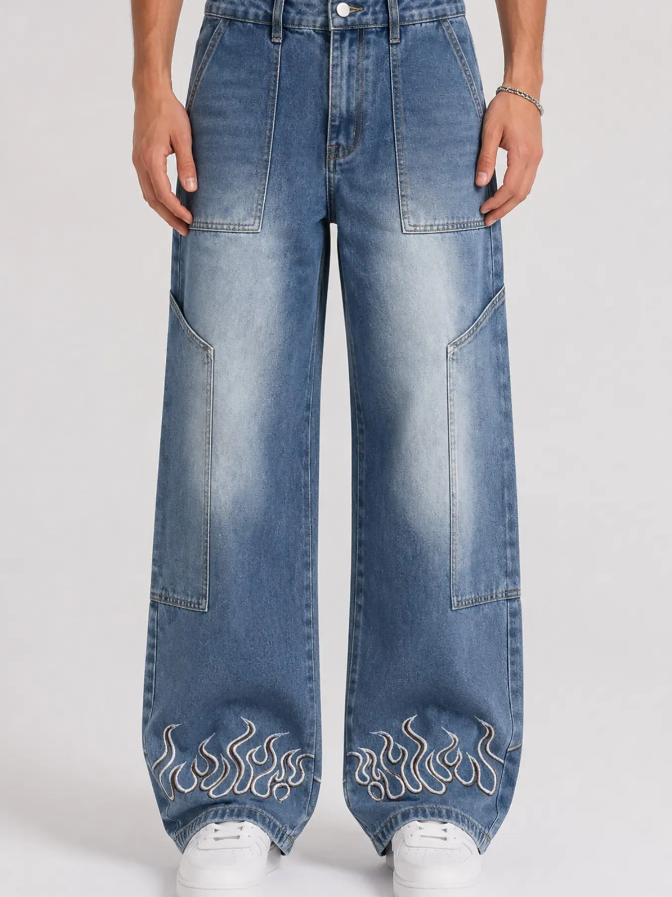 Men's Y2K Style Loose Wide Leg Jeans, Flame Embroidery Workwear Denim Jeans, Washed Vintage Hip Hop Street Fashion, Comfortable Fit