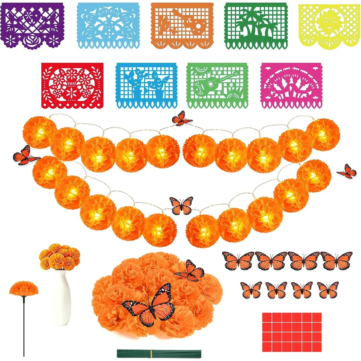 Dia De Los Muertos Decorations 40PCS Day of The Dead Decor for Altar - Lighted Marigold Garland, Plastic Papel Picado Banner, Artificial Flowers, Monarch Butterfly for Halloween Mexican Ofrenda Party
