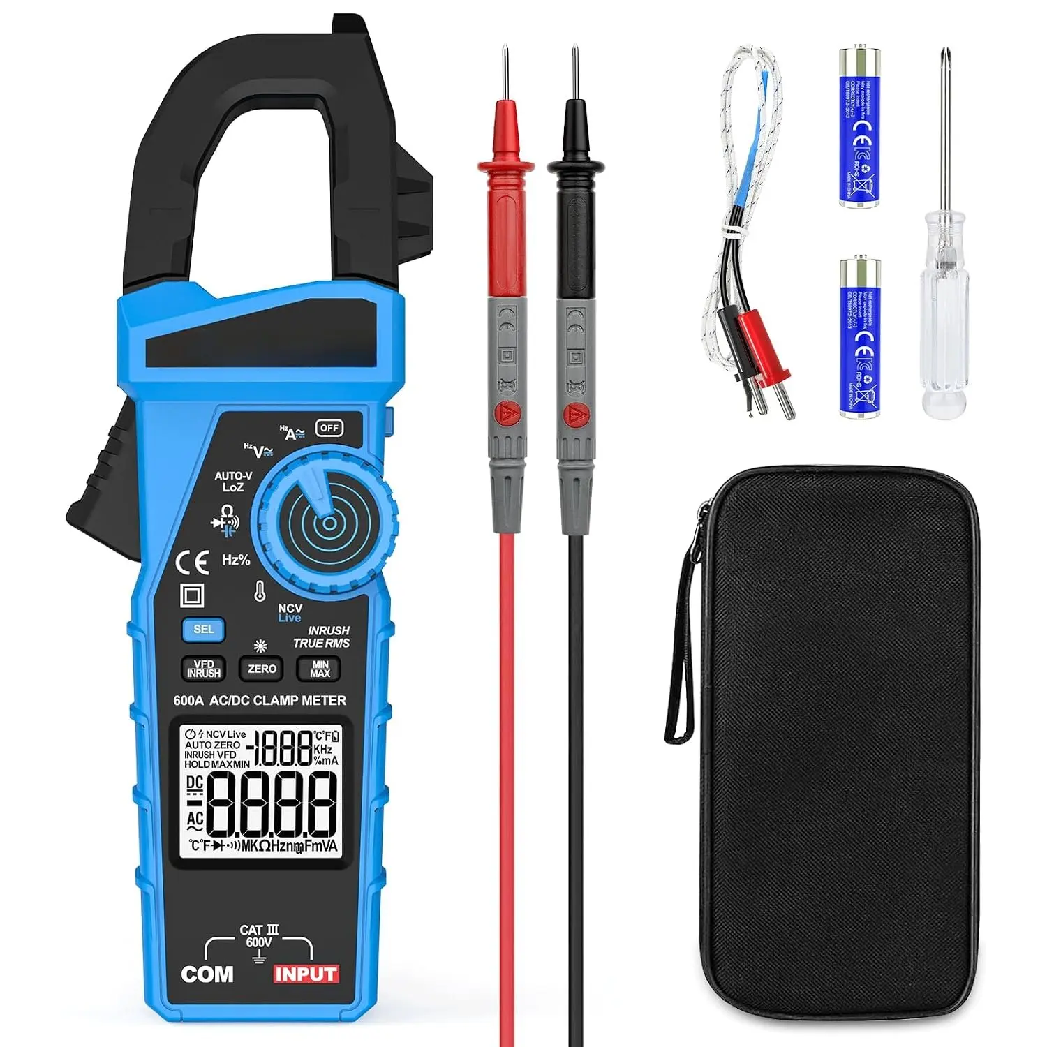 Clamp Meter Multimeter 600A  Current TRMS Amp Meter Clamp Multimeter | True-RMS 6000-Count,  600A Current & , Cap/Freq/Resist/Temp, NCV/VFD/LoZ, Inrush, Flashlight, Data Hold & Max/Min