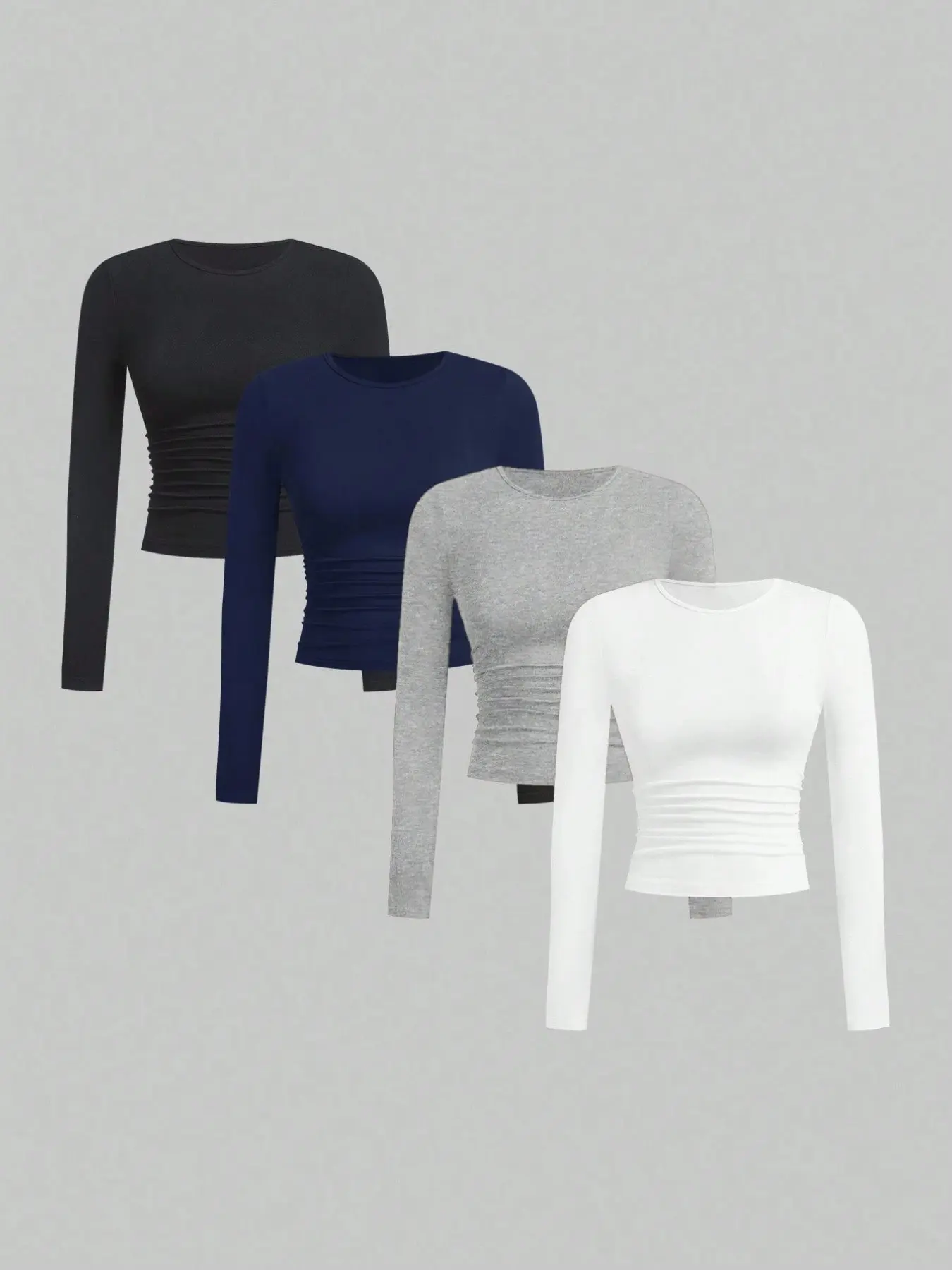 4 Piece Set Women's Solid Color Casual Cute Y2K Slim-Fit Scoop Neck Long Sleeve T-Shirts, Versatile Cropped Daily Basic Tees, Side Ruched Skinny Tops