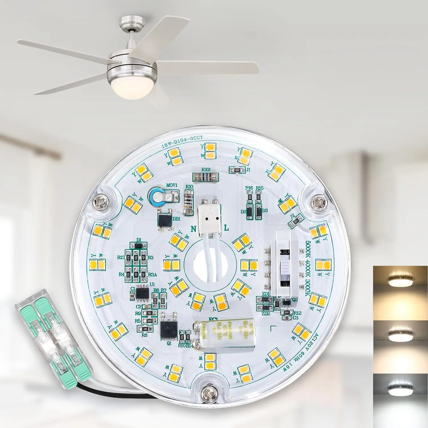 4 Inch Dimmable LED Ceiling Fan Light Replacement Kit 18W 2200LM 3000K 4000K 5000K 120V CRI90