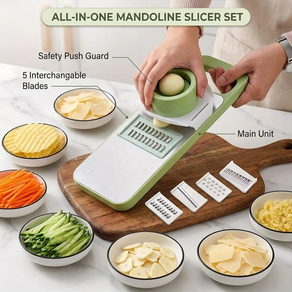 Stainless Steel Multi-Function Vegetable Slicer and Shredder Set with Interchangeable Blades, Manual Kitchen Tool Set, Ideal for Potatoes, Carrots, and Cucumbers