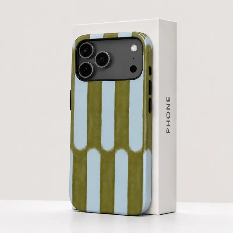 Portable Striped TPU Watercolor Smartphone Case - Blue & Olive Green Unisex Spring Edition Casing for iPhone 18/17/16/15/14/13/12/11 Pro/ProMax/Plus, Stylish, Shockproof, Waterproof, Camera-Safe, Handheld Devices Protection, Cushions Daily Drops