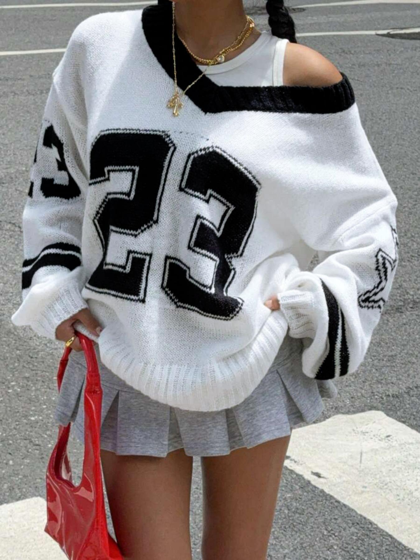 Unisex V-Neck Knit Pullover with Star and Number 23 Pattern, Casual Loose-Fitting Sweater for Spring & Fall, Comfortable and Stylish