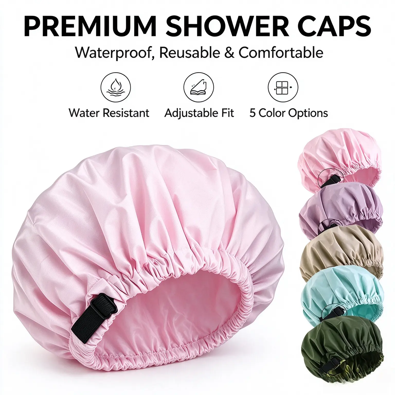 Extra Large Shower Cap for Women, Reusable Waterproof Hair Cover with Adjustable Strap, Satin-Lined Bonnet for Long Thick Hair, Leakproof Hair Protection for Shower, Travel, Gym, Spa & Outdoor Use