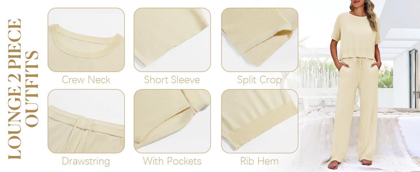 Goranbon Womens 2 Piece Outfits Sweater Sets Knit Split Crop Tops High Waisted Pants Lounge Set