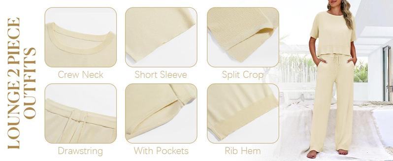 Goranbon Womens 2 Piece Outfits Sweater Sets Knit Split Crop Tops High Waisted Pants Lounge Set