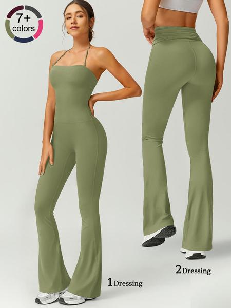 Women's Solid Color Flare Leg Sports Jumpsuit, Casual Comfy Breathable Jumpsuit for Yoga Gym Workout, Ladies Sportswear for Summer, Sporty Jumpsuit