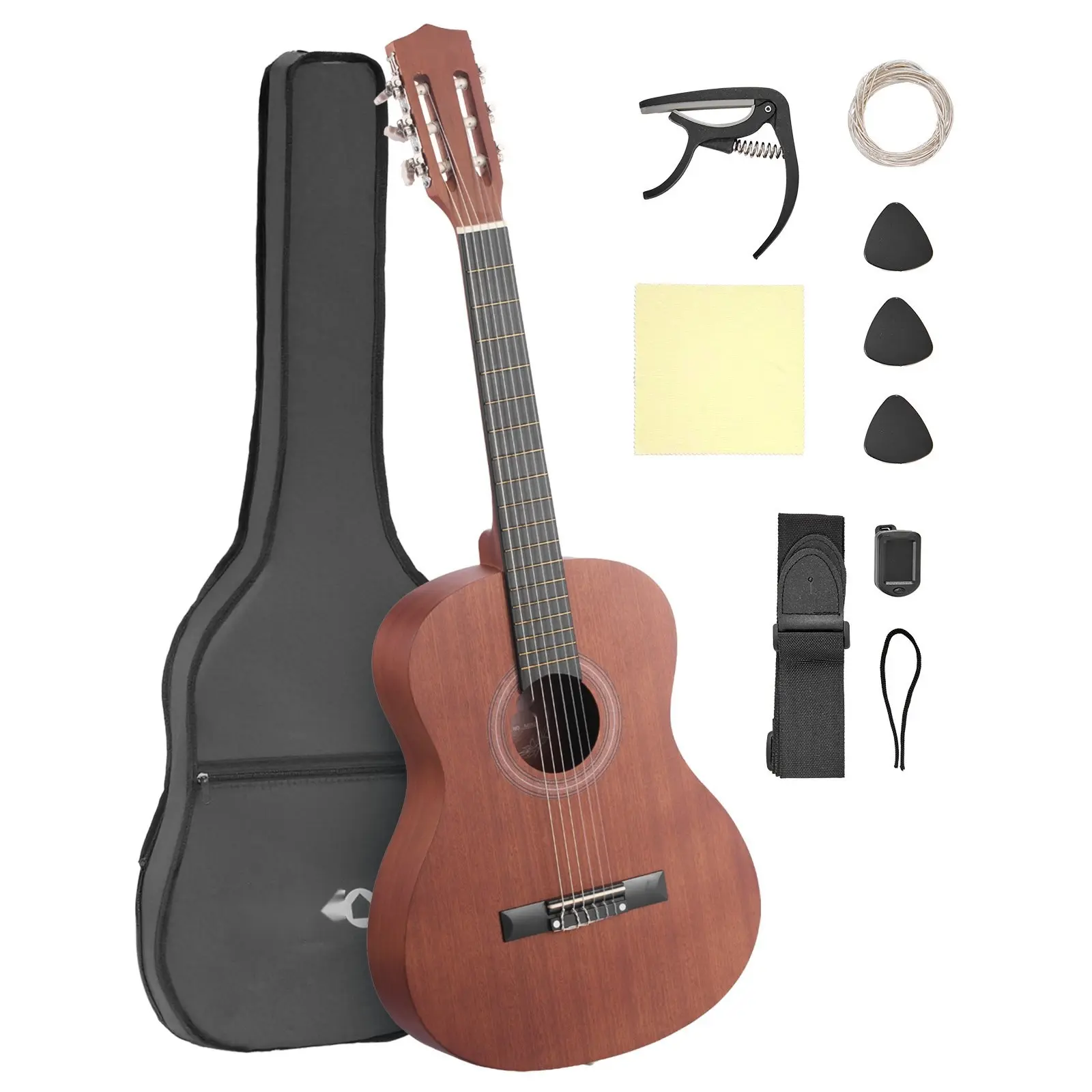 Classical Guitar, 36 Inch, Wood Classical Guitar Starter Kit For Beginners, With Nylon Strings, Gig Bag, Strap, Tuner, Extra Strings, Picks, Capo, Sapele & Rosewood, For Kids Girls Boys, Natural