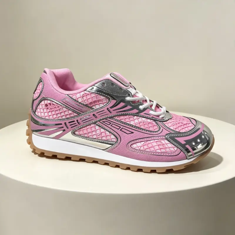 Women Pink Mesh Retro Running Sneakers, Metallic Silver Trim Lace Up Athletic Shoes, Breathable Mesh Casual Trainer Shoes, Y2K Fashion Outdoor Walking Dad Sneakers