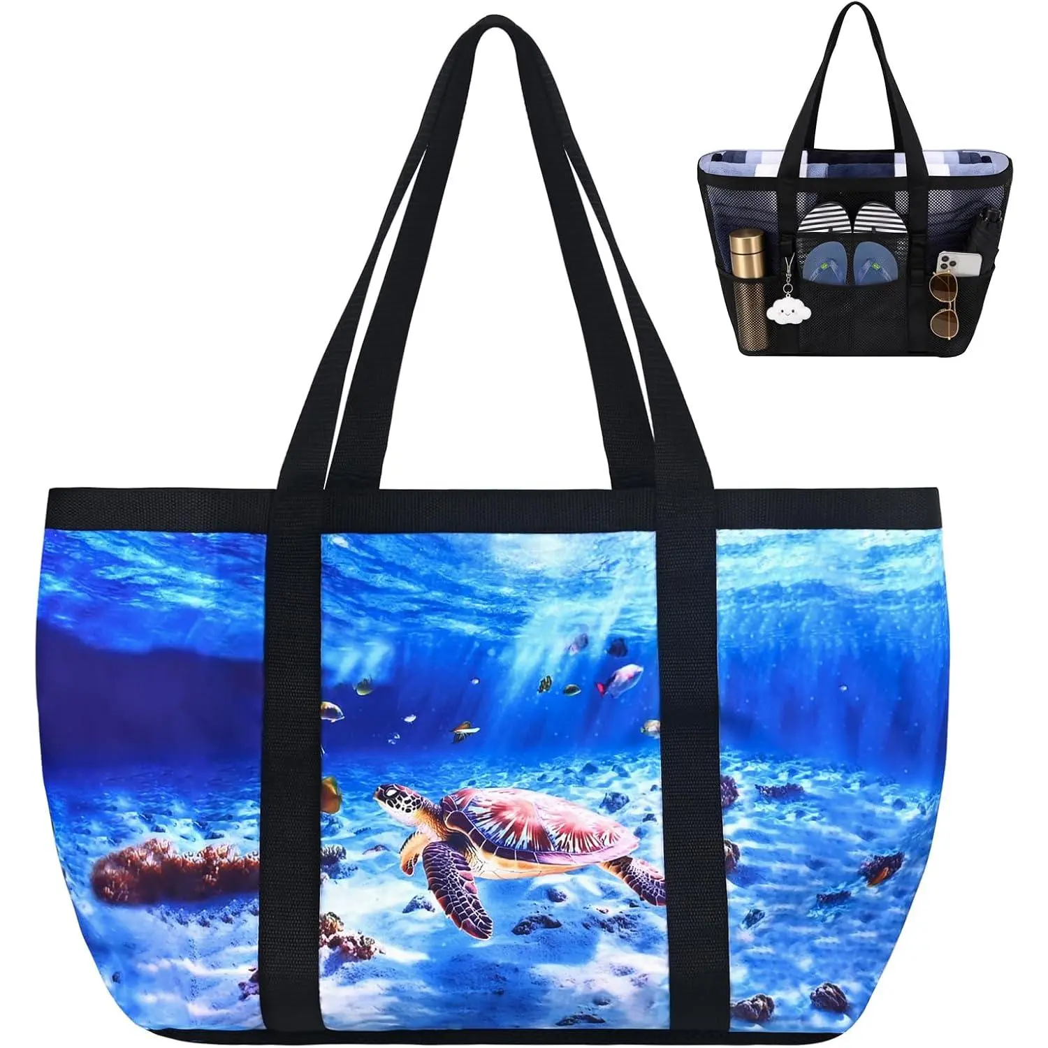 Large Mesh Beach Bag Sandproof for Women & Men | Travel Tote Bag, Swim Pool Bag for Family Outdoor, Coastal Nautical  Sea Turtle Theme