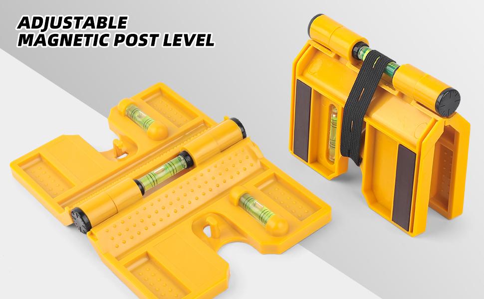 Magnetic Post Level, 270° Adjustable Folding Post Level with 3 Vials, Elastic Loop for Hands-free Work