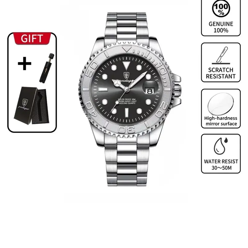 Men's Business Fashion Waterproof Round Dial Luminous Date Quartz Analog Wristwatch, Stainless Steel Watches, Quartz Wristwatches, Fashion Watch for Party, Daily Clothing Decor, Trendy All-match & Exquisite Watch for Birthday Gift with Box
