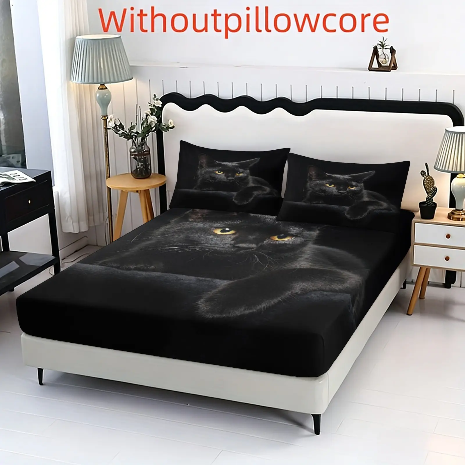 3PCS Black Cute Cat Pattern Printed Bed Sheet Three Piece Set (One Bed Sheet and Two Pillowcases) Bed Sheet Height 9.8 inches, 100% Polyester Material Machine Washable - Suitable for all seasons, ideal for bedroom and dormitory decoration Bedsheet Set