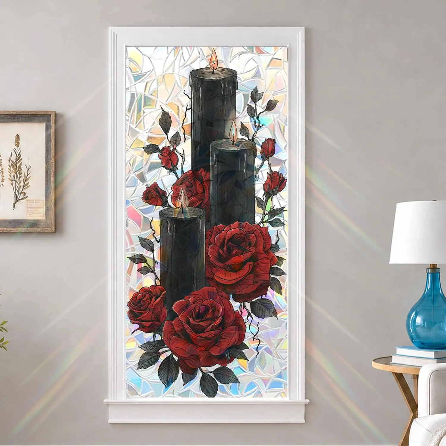 Black Candle Red Rose Window  Film 17x39in Static Cling PVC | Black candle and red rose decor with removable  static cling for bedrooms bathrooms living rooms and glass doors